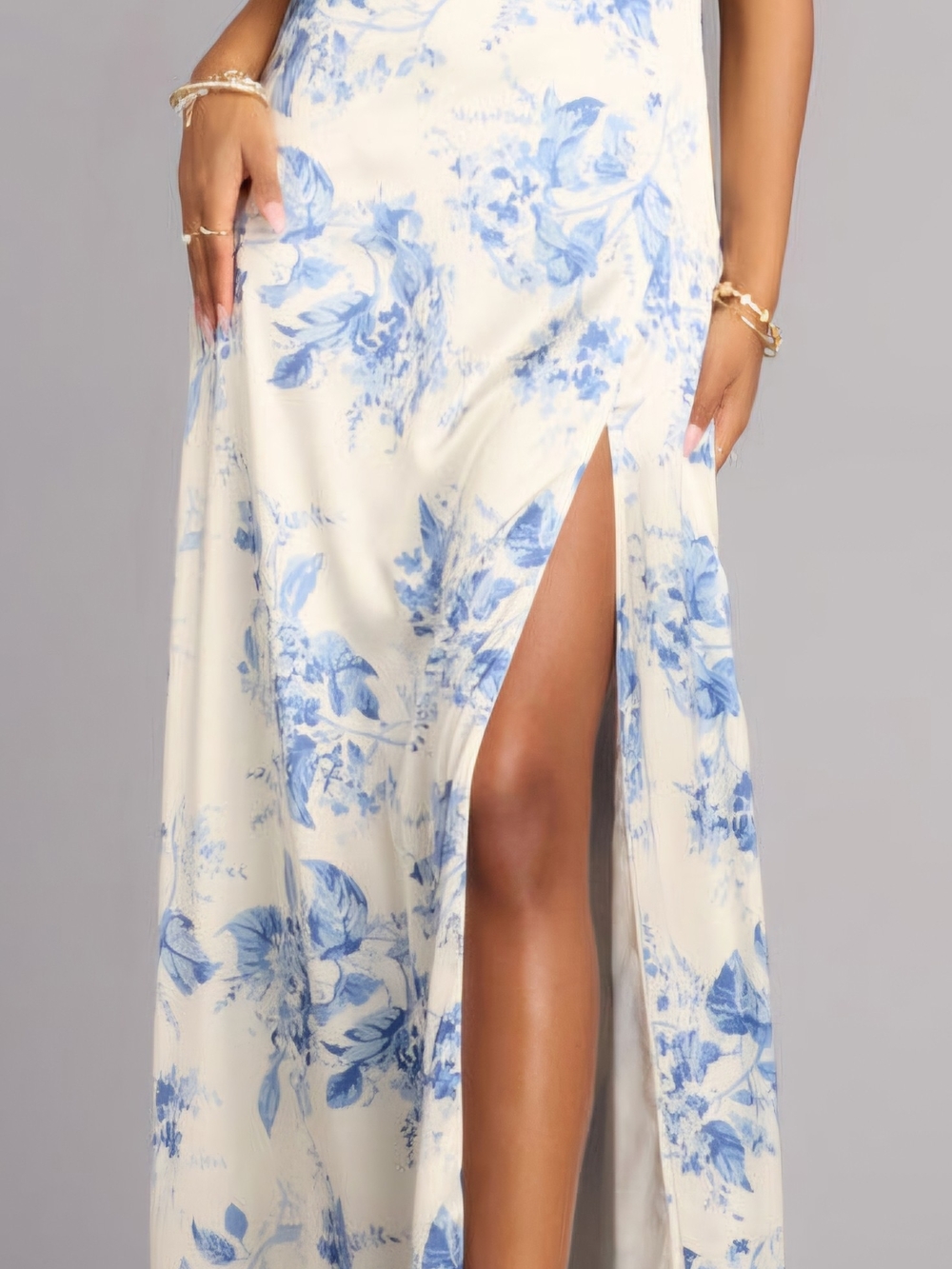 Windsor Cream Maxi Skirt with Blue Floral Print and Side Slit